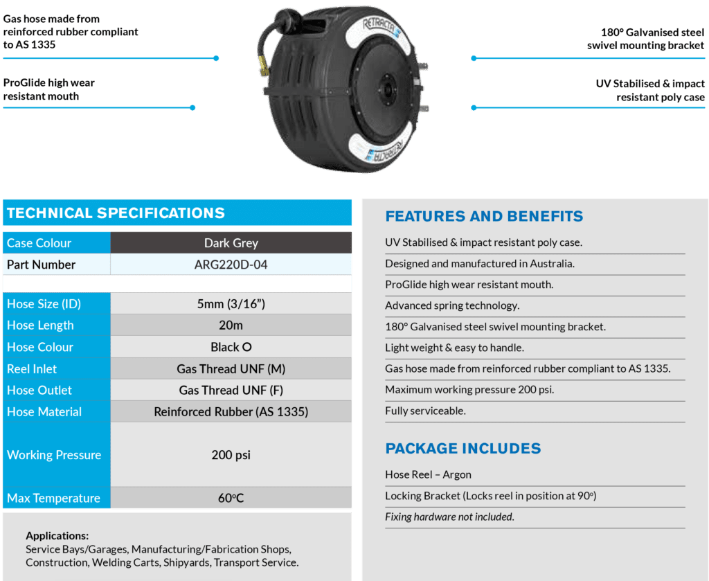 Hose Reels Welding Gas ARGON ARG220D 04 features
