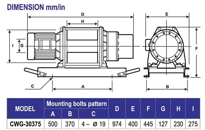 Industrial Electric Winches LACW375 CWG 30375 dimensions Industrial Electric Winches LACW375 CWG 30375 dimensions