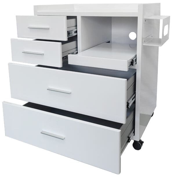 Medical Trolleys Workstation Powdercoated PCDUBL Podiatry Cabinets Double Drawers Open