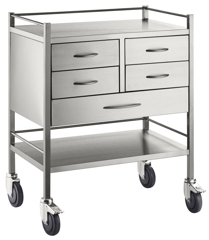 Stainless Steel Medical Trolleys 304 SSRT05 Stainless Steel Resus Trolley Five Drawer
